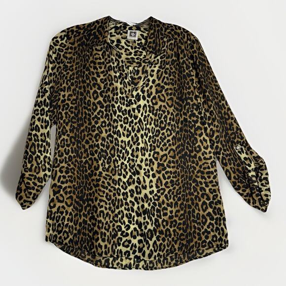 Anne Klein Blouse Tunic Size Leopard Animal Print Pullover V-Neck Tab Sleeve - Picture 1 of 11